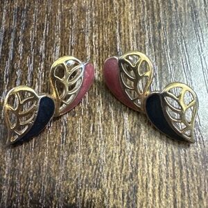 Vintage Double Heart Gold Tone Blue Pink Earrings Stud